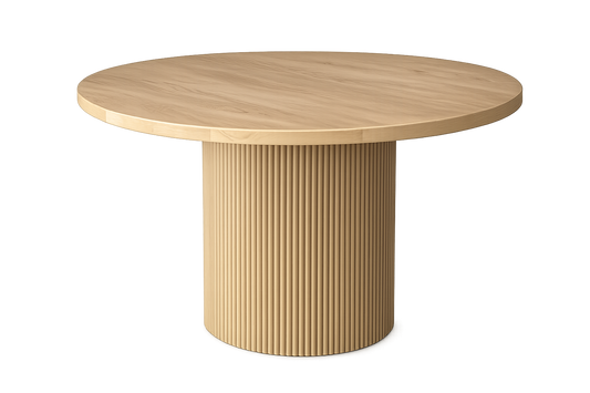The Newport Round Fluted Pedestal Dining Table Rental – 5 ft Natural Wood | Orange County Huntington Beach Newport Beach