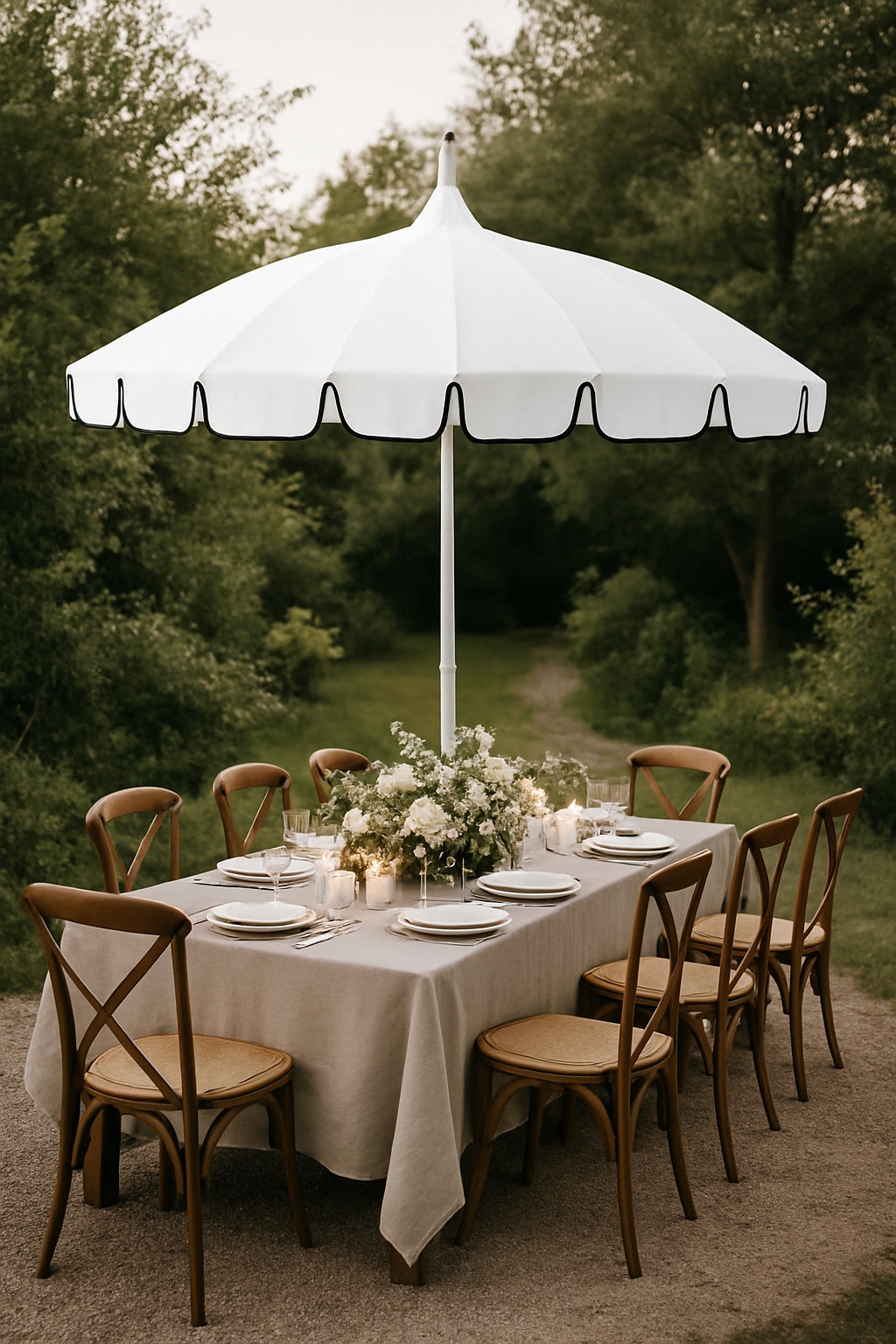 White Pagoda Style Scalloped Umbrella Rental - Orange County - Huntington Beach - Newport Beach