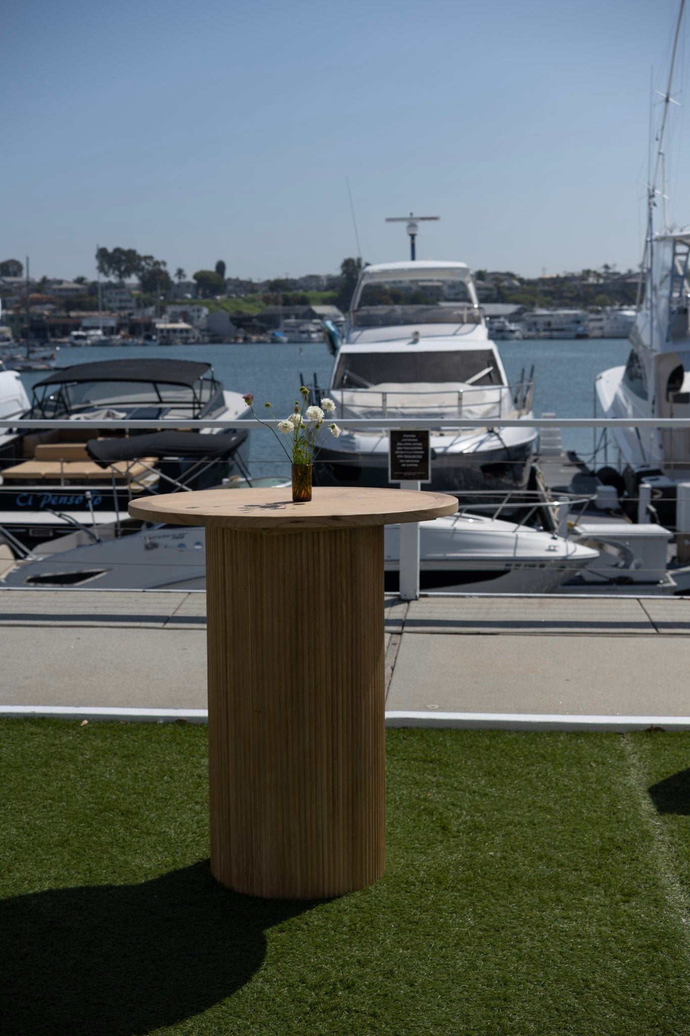 The Newport Fluted Cocktail Table Rental – Natural Wood Bar Height Table | Orange County Huntington Beach Newport Beach