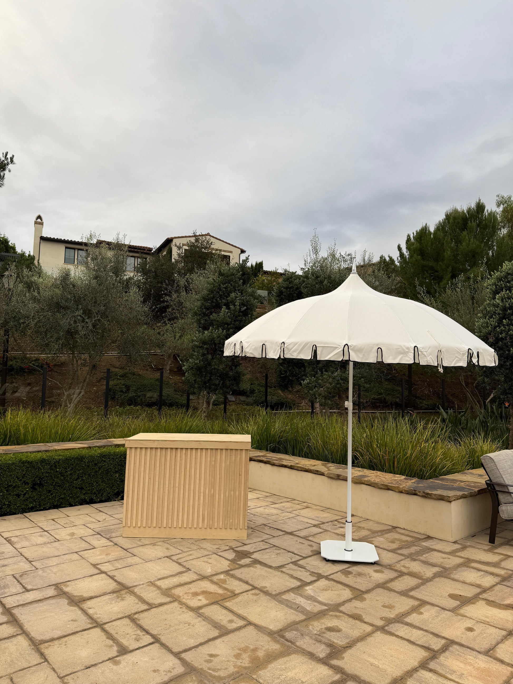 happy hour patio white umbrella White Pagoda Style Scalloped Umbrella Rental - Orange County