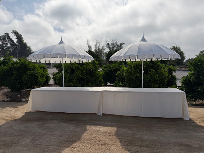 happy hour patio white umbrella White Pagoda Style Scalloped Umbrella Rental - Orange County