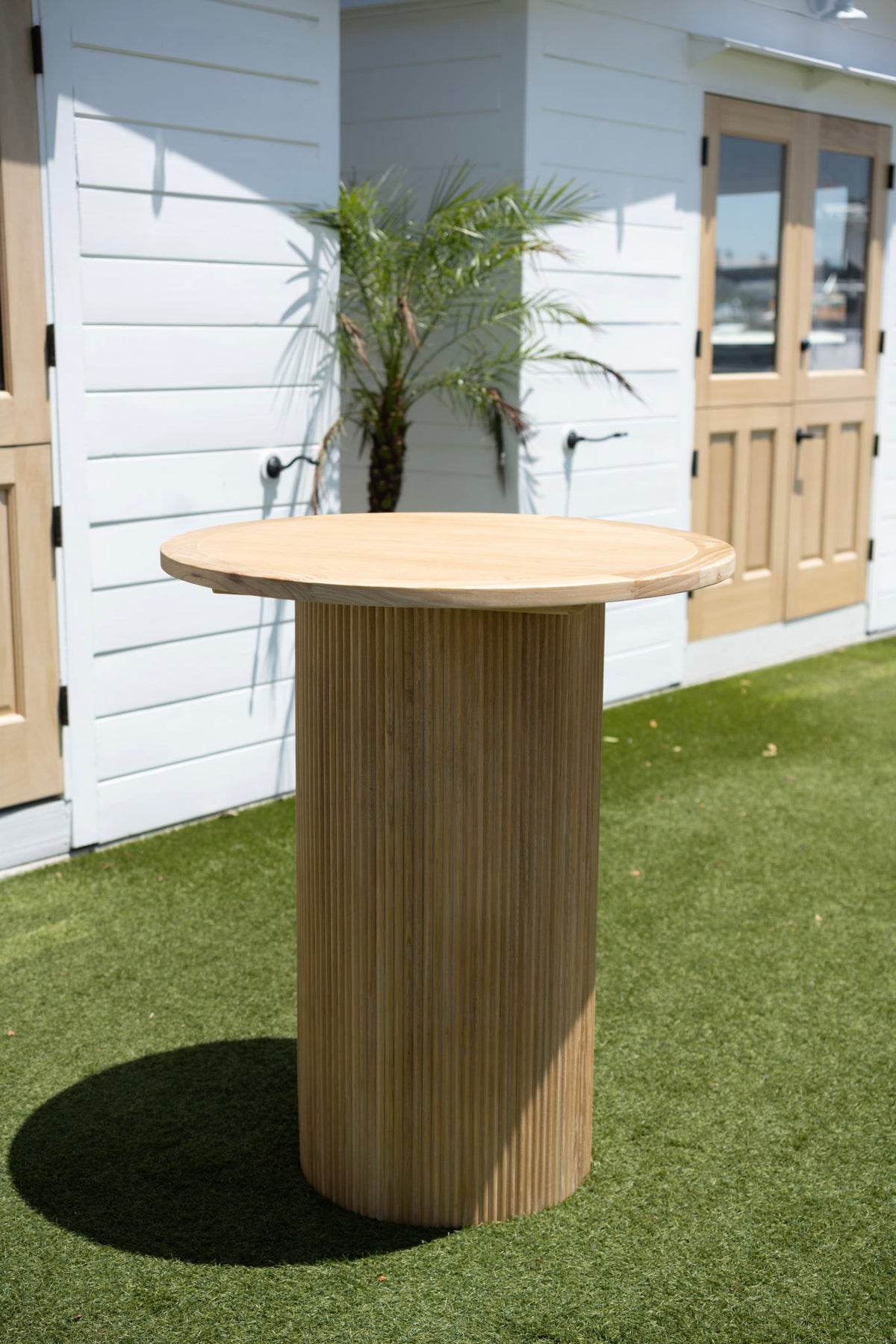 The Newport Fluted Cocktail Table Rental – Natural Wood Bar Height Table | Orange County Huntington Beach Newport Beach